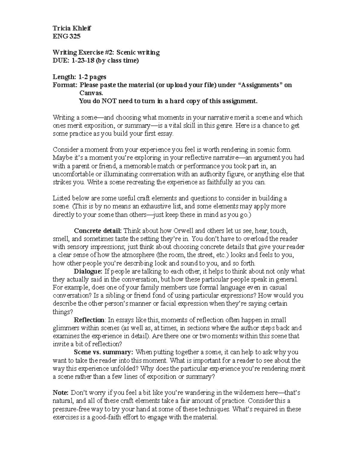 ENG325 Scenic Writing Exercise 2 Guidelines - Winter 2018 - Studocu