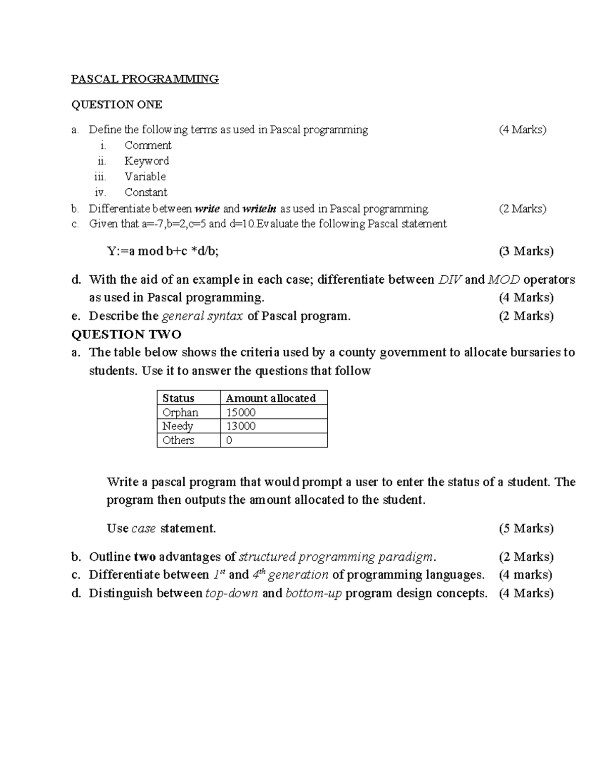 PASCAL PROGRAMMING ASSIGNMENT QUESTIONS & ANSWERS - Studocu