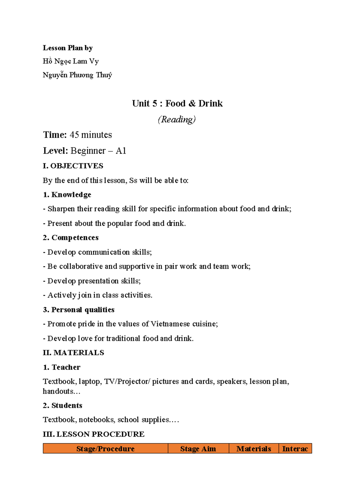 Lesson Plan A1: Unit 5 - Food & Drink (Reading) for Beginners - Studocu