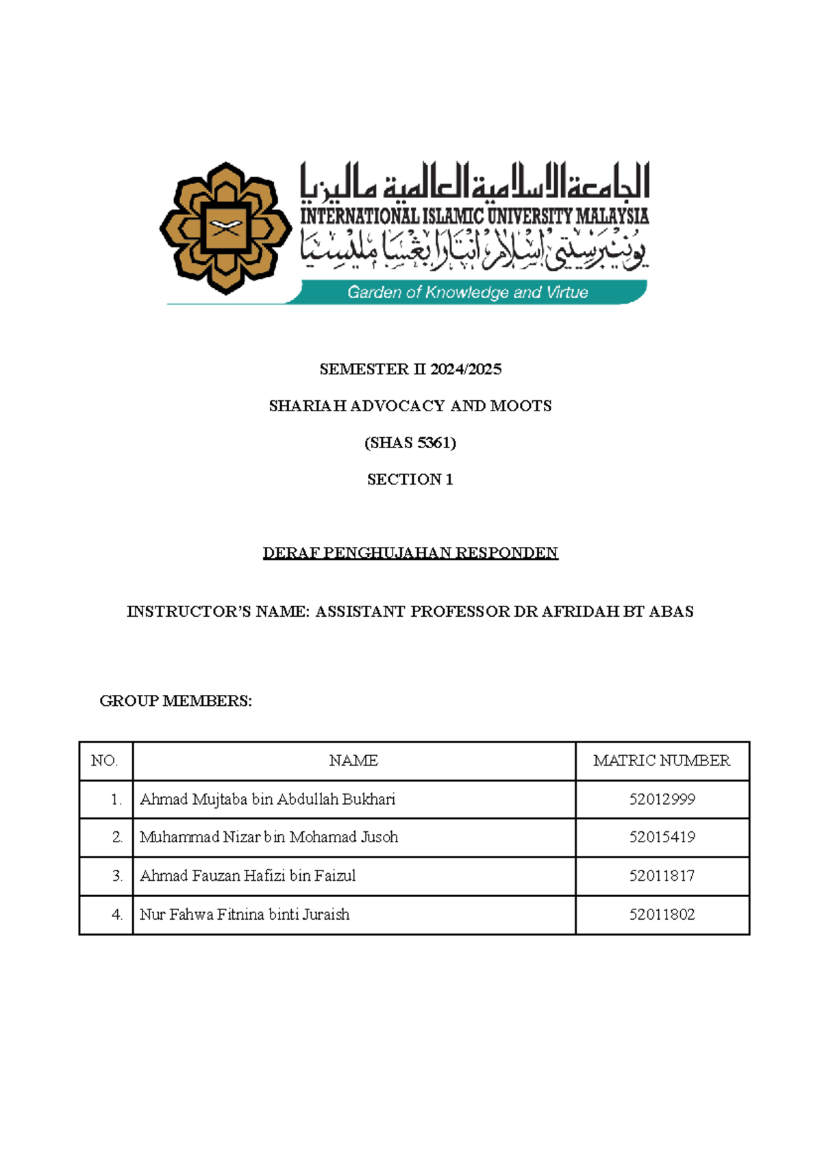 Deraf Hujahan Responden SHAS 5361 Semester II Shariah Advocacy - Studocu