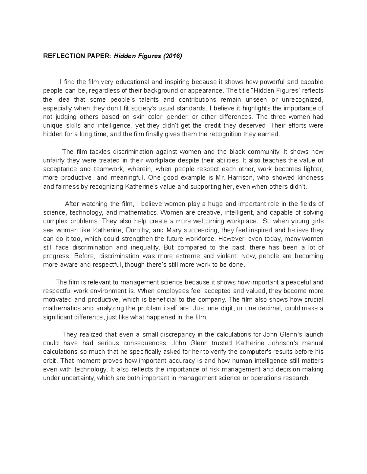 REFLECTION PAPER: Hidden Figures (2016) - Insights on Equality & STEM ...