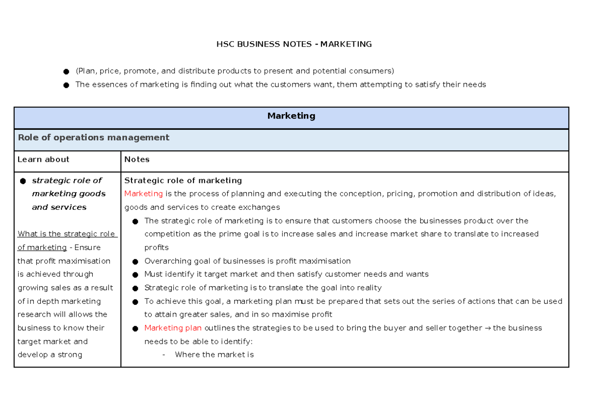 HSC Business Notes - Marketing Strategies and Case Studies - Studocu