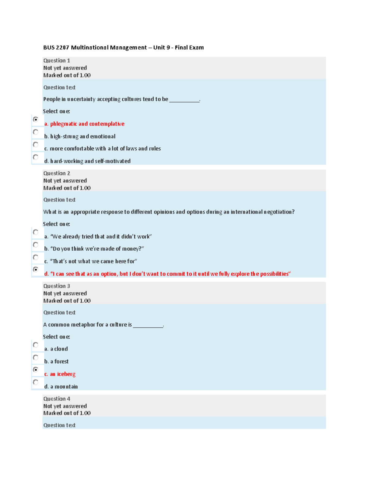 BUS 2207 Multinational Management - Final Exam 9 - BUS 2207 ...