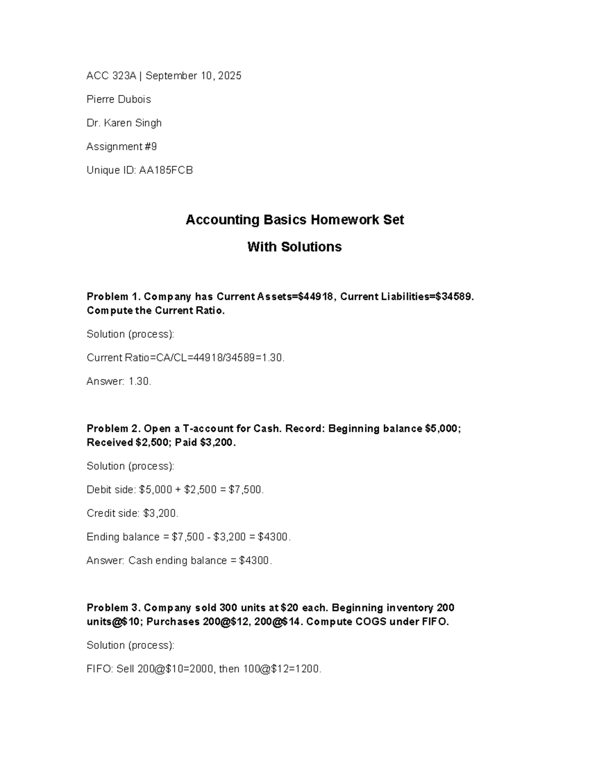 ACC 323A Accounting Basics Homework Set with Solutions AA185FCB - Studocu