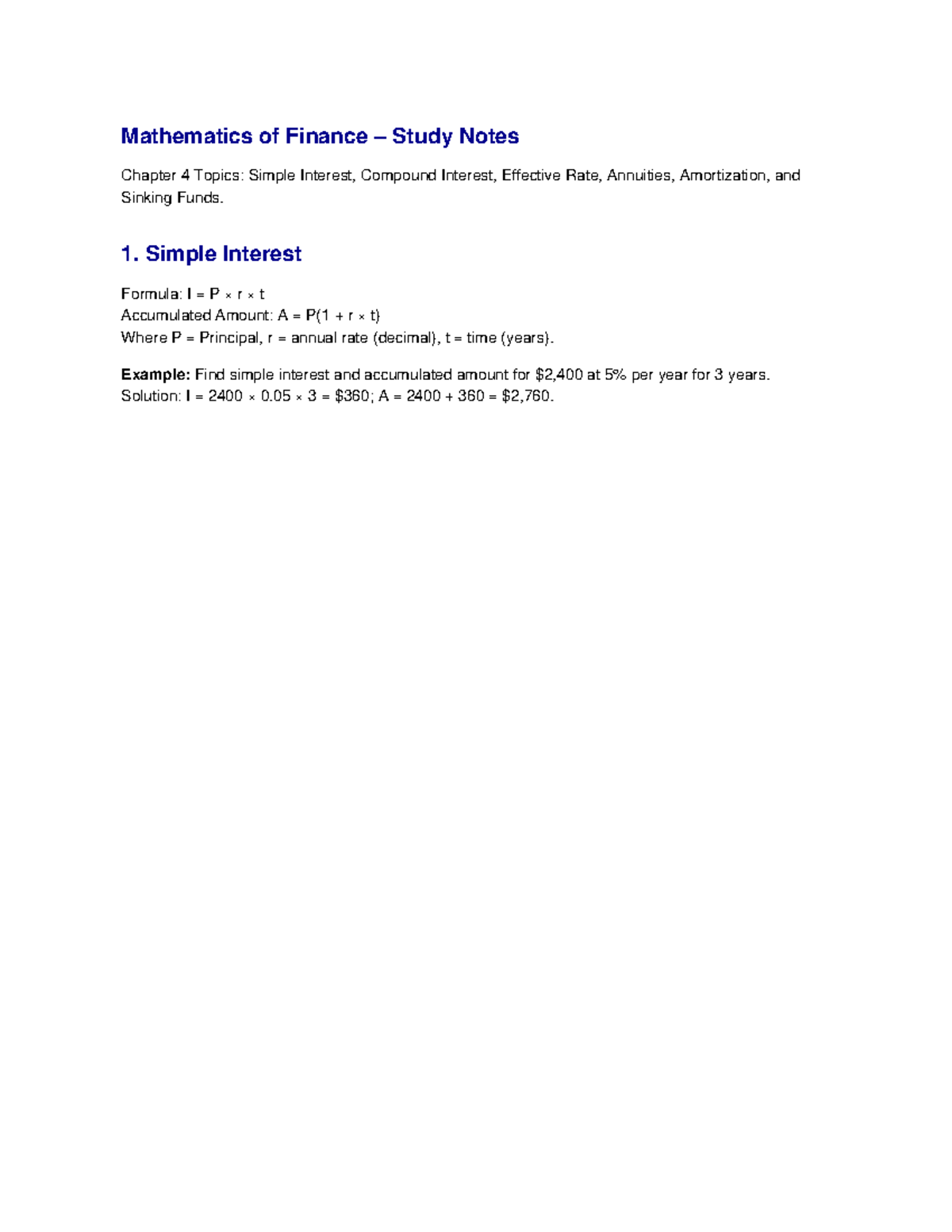 Math Finance Study Notes: Chapter 4 - Interest & Annuities - Studocu