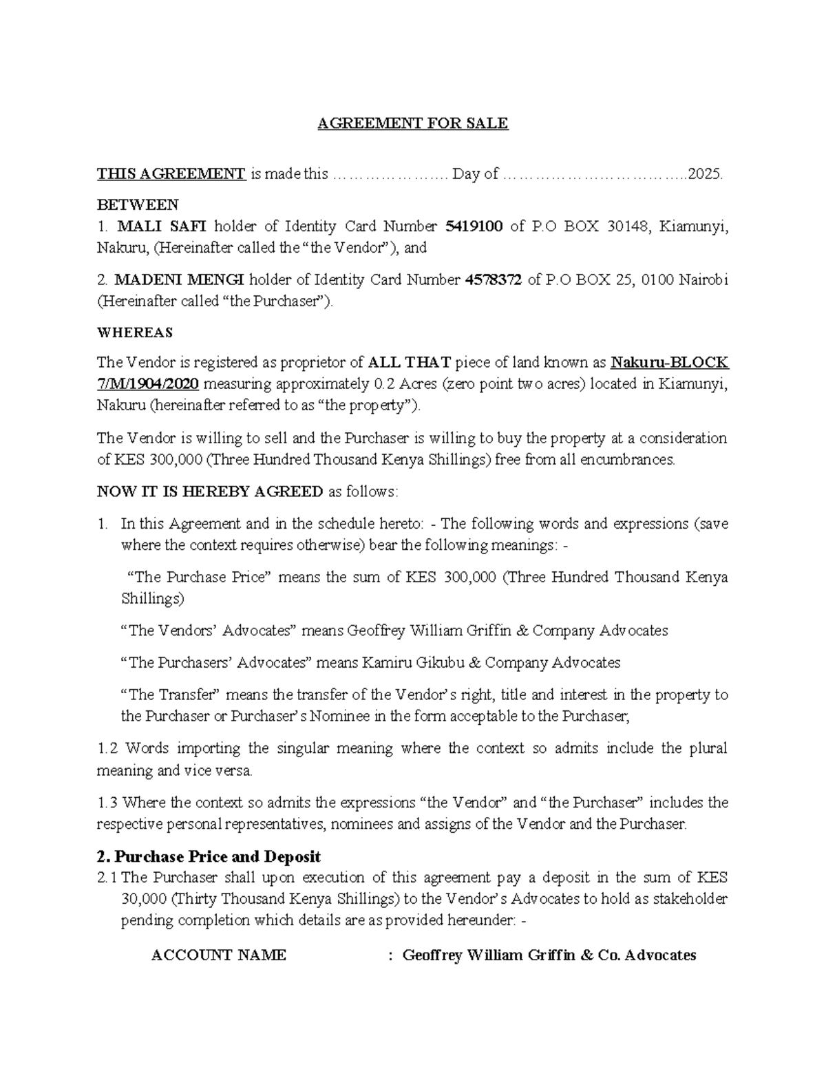 CAT 2 Conveyancing-1 - 100/100 - AGREEMENT FOR SALE THIS AGREEMENT is ...
