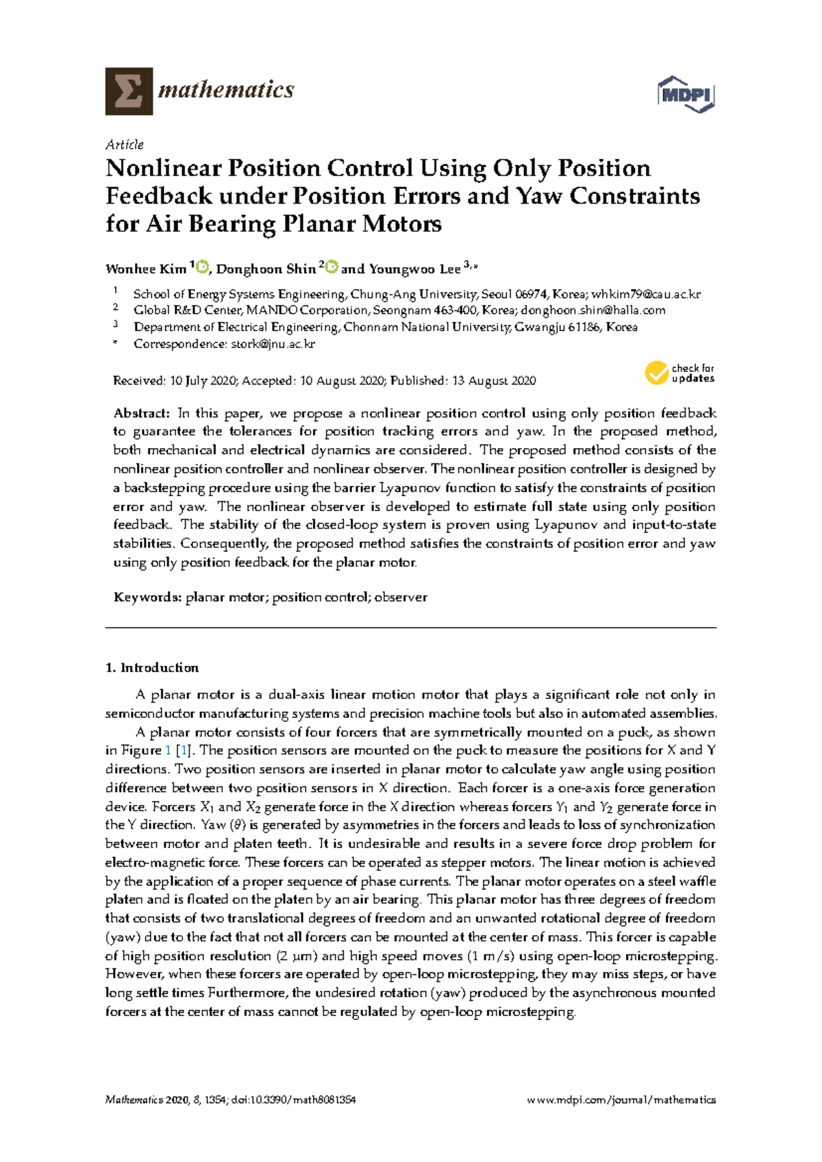Nonlinear Position Control for Planar Motors: Position Feedback & Yaw ...