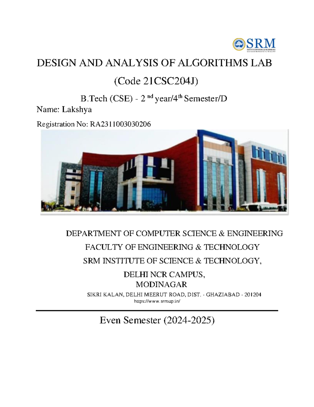 Design and Analysis of Algorithms Lab Report (21CSC204J) - Studocu