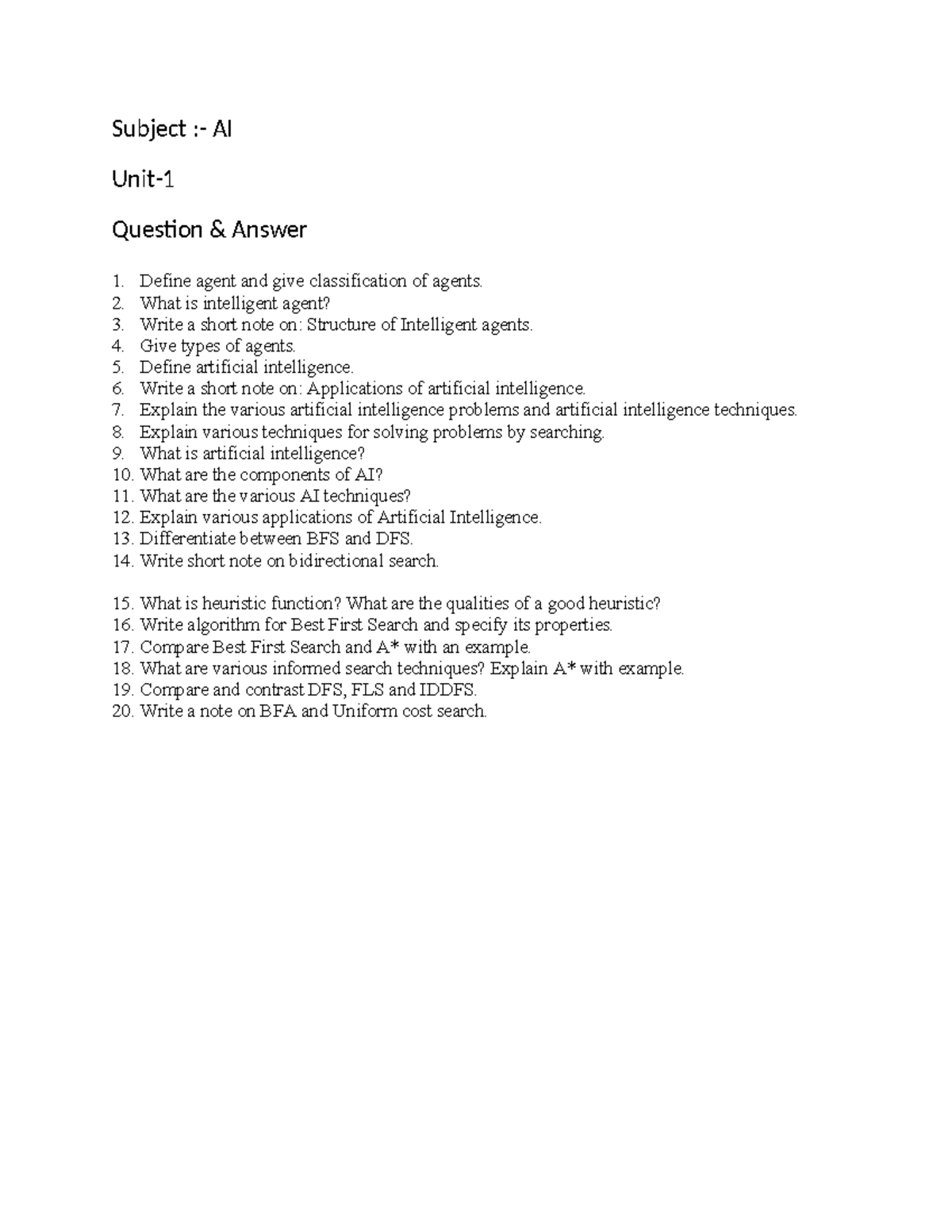AI-Unit-1: Comprehensive Notes on Intelligent Agents and Techniques ...