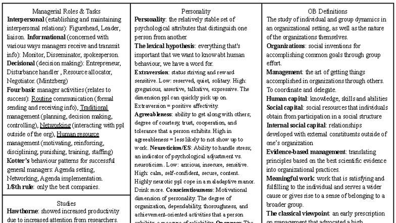 Psych 238: Managerial Roles & Organizational Behavior Cheat Sheet - Studocu