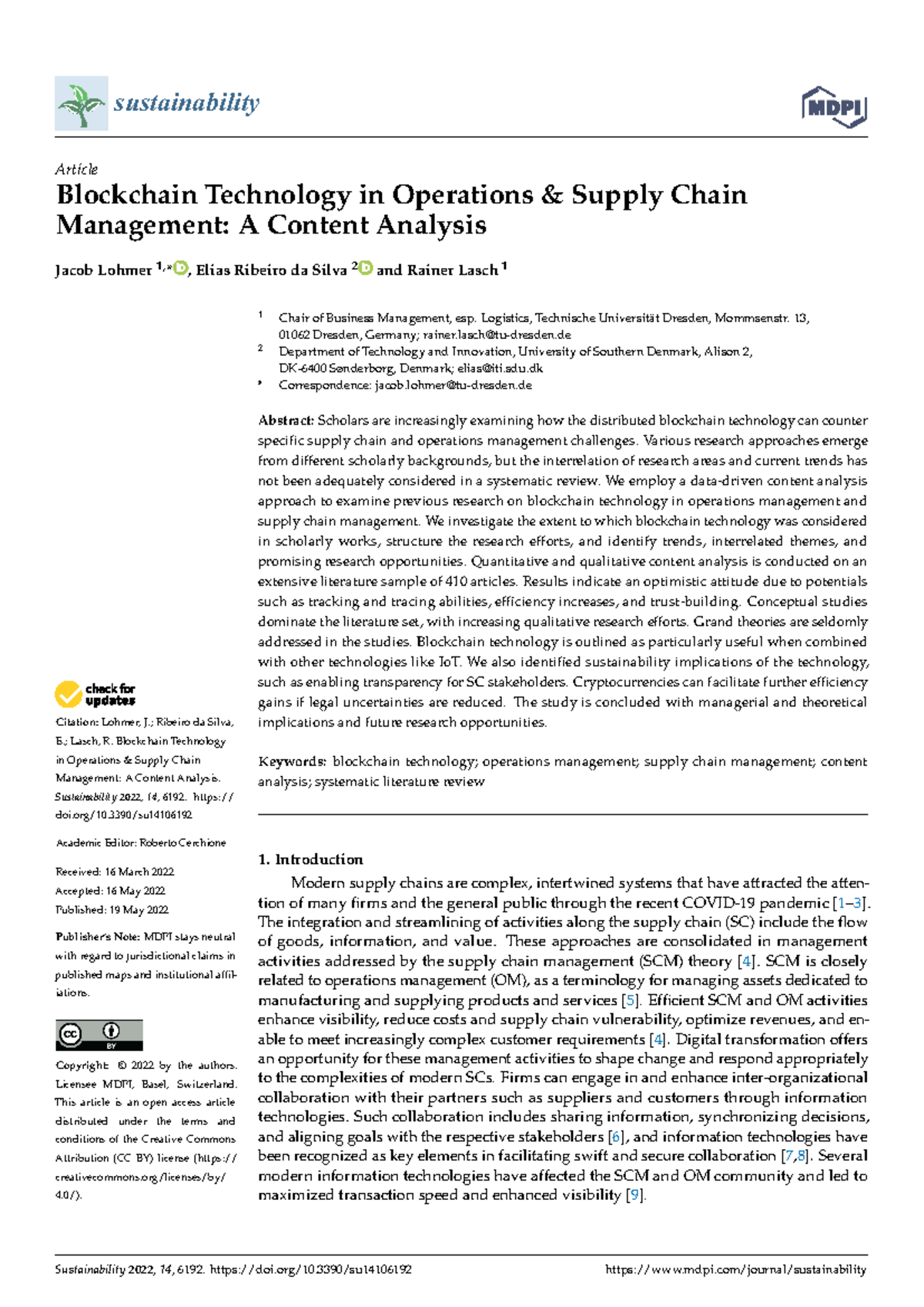 Blockchain in supply chain - Citation: Lohmer, J.; Ribeiro da Silva, E ...