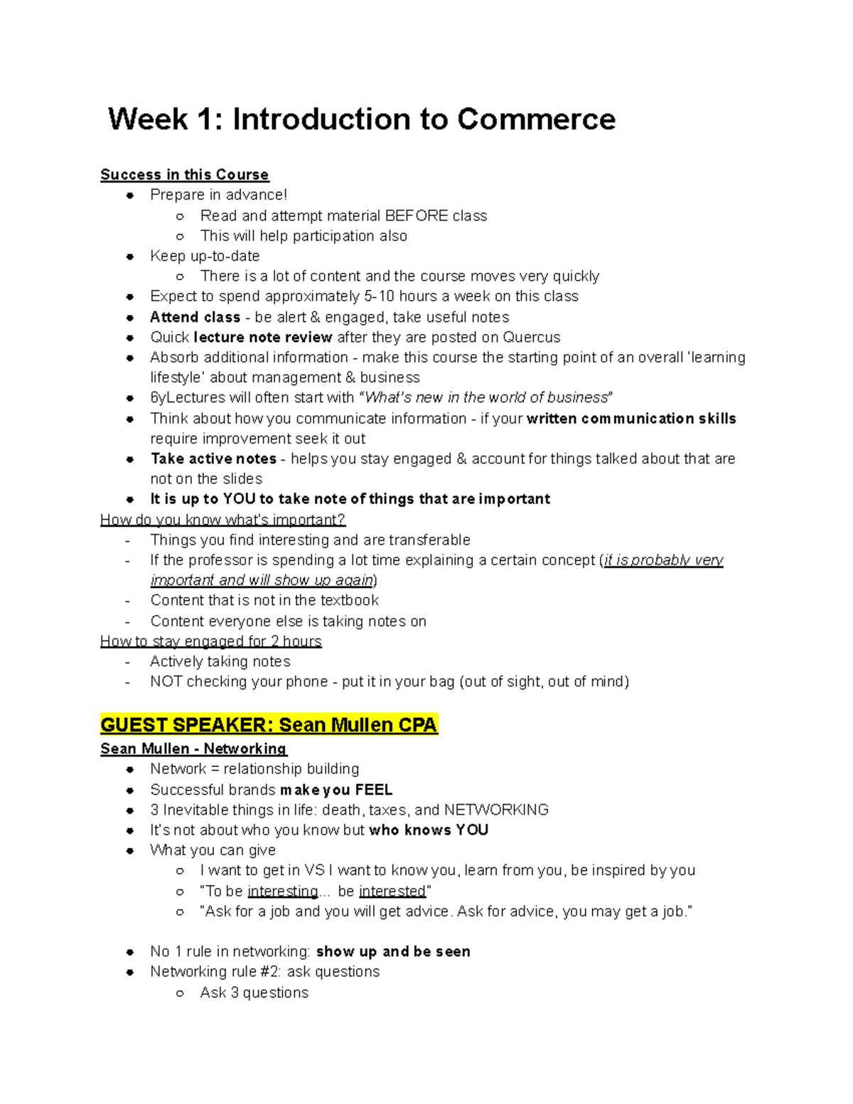 RSM100: Week 1-5 Lecture Notes on Commerce and Management Principles ...