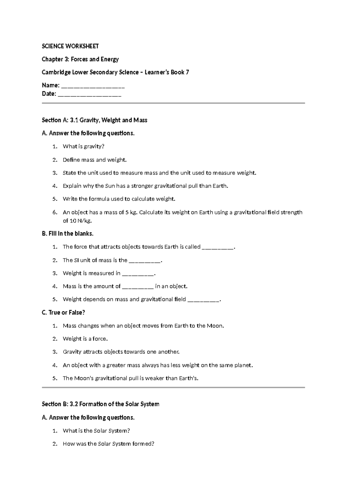 Science Worksheet - Chapter 3: Forces & Energy (Cambridge Lower ...