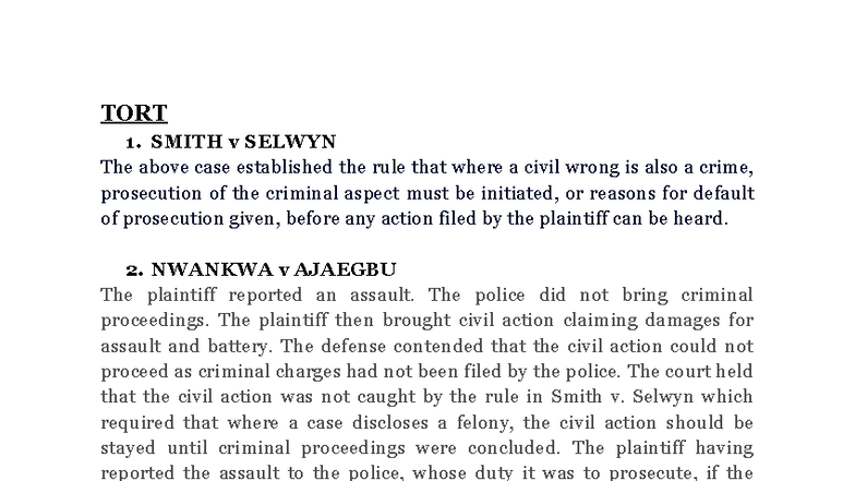 TORT 1: Key Case Summaries and Legal Principles - Studocu