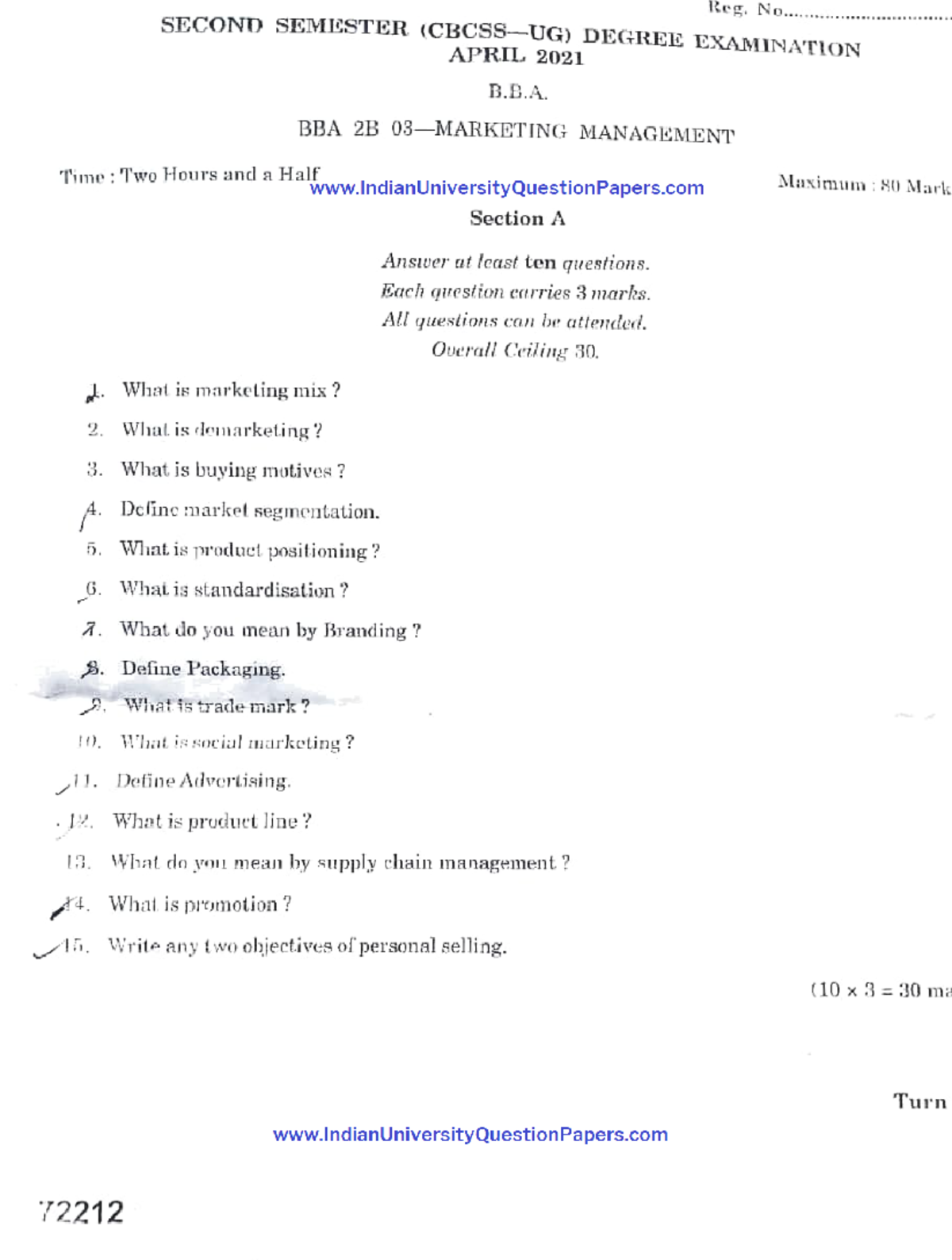 B.B.A 2nd Sem Marketing Management April 2021 Q-Paper - Univ Calicut ...