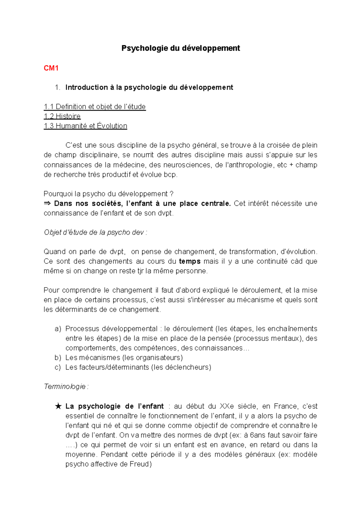 CM1 Psychologie du Développement : Introduction et Concepts Clés - Studocu