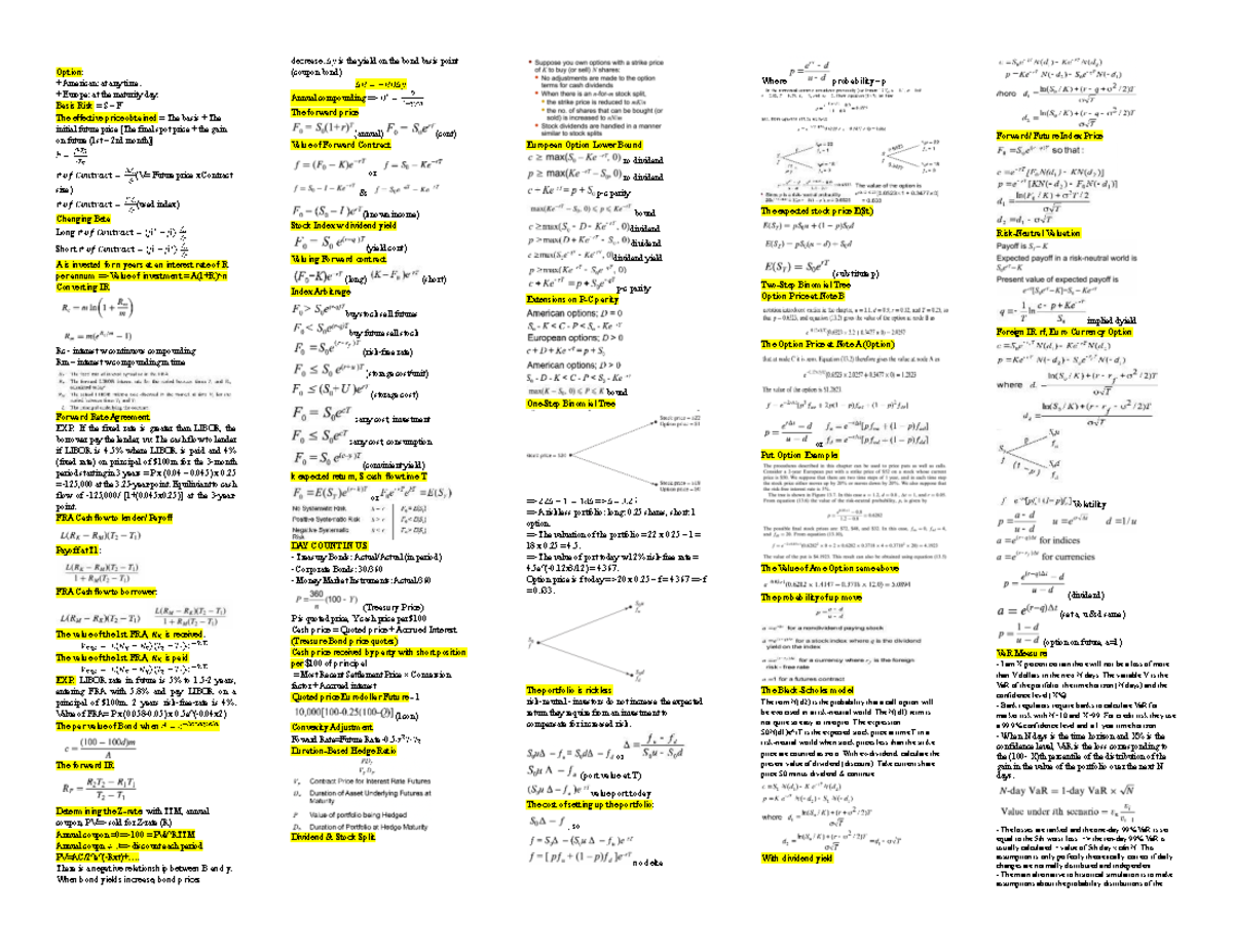 Option - Cheatsheet for Financial Derivatives and Valuation Techniques ...