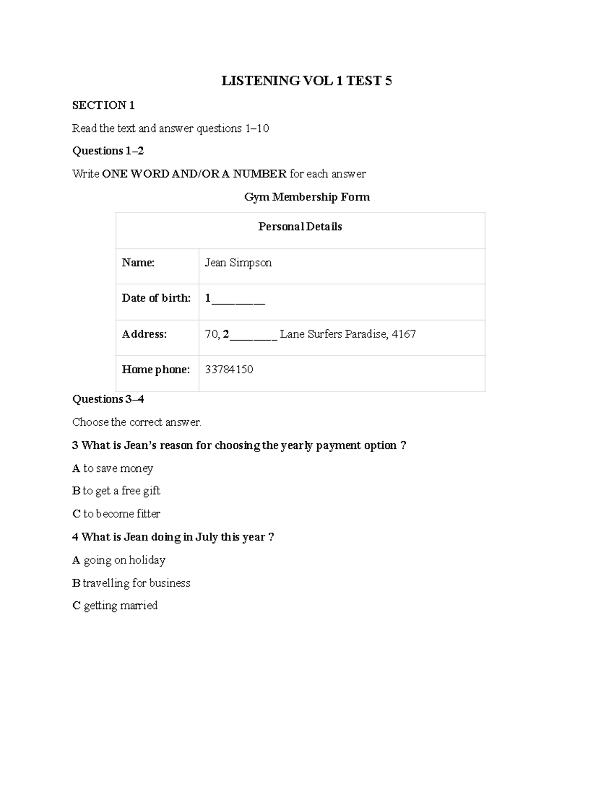 VOL 1 TEST 5 - Listening Comprehension Practice Questions - Studocu