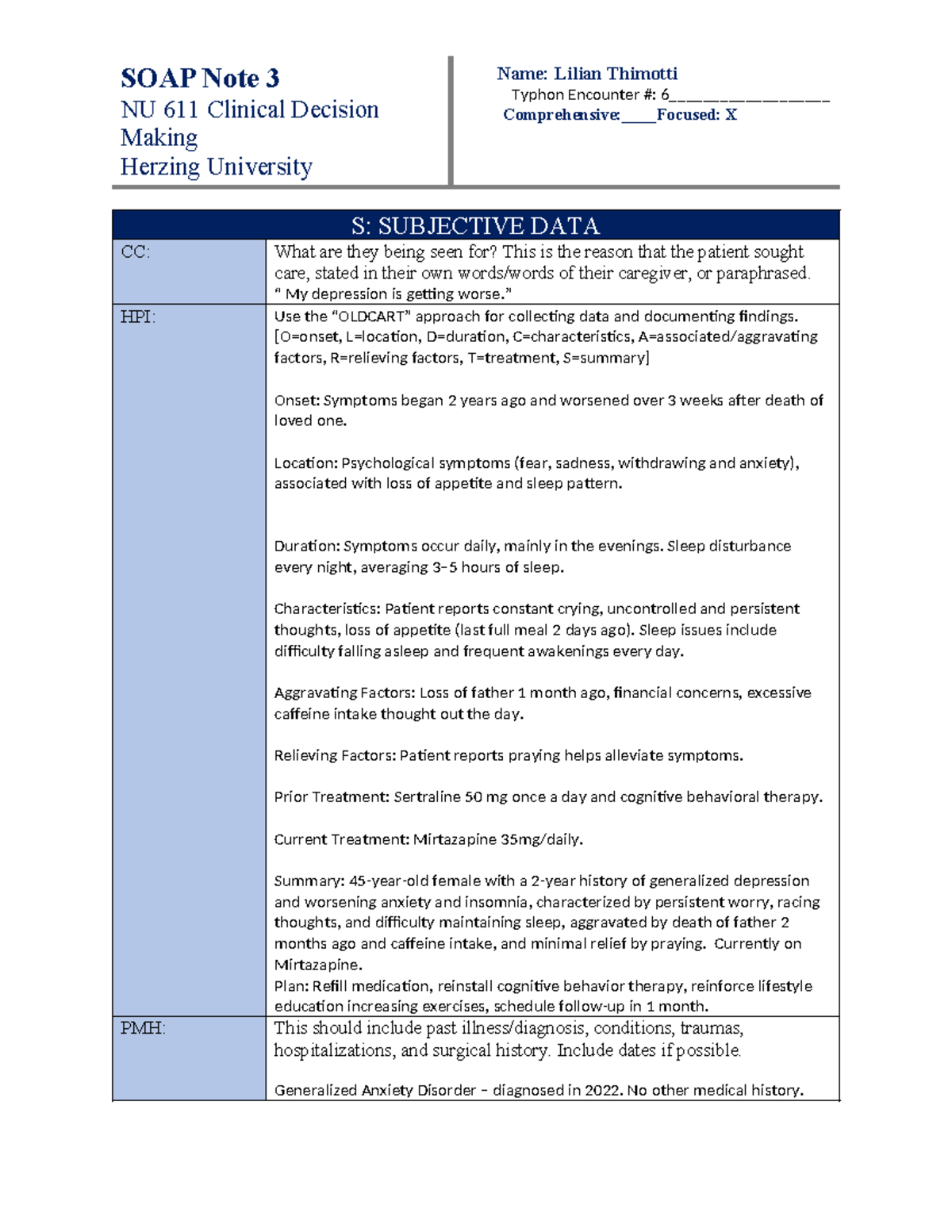 SOAP Note 3: Clinical Decision Making for Lilian Thimotti (NU 611 ...