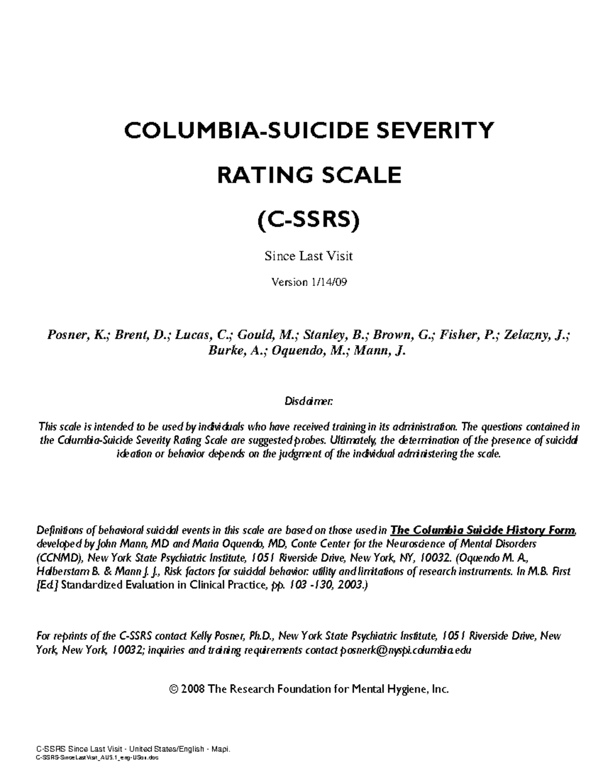 C-SSRS: Columbia Suicide Severity Rating Scale Since Last Visit - Studocu