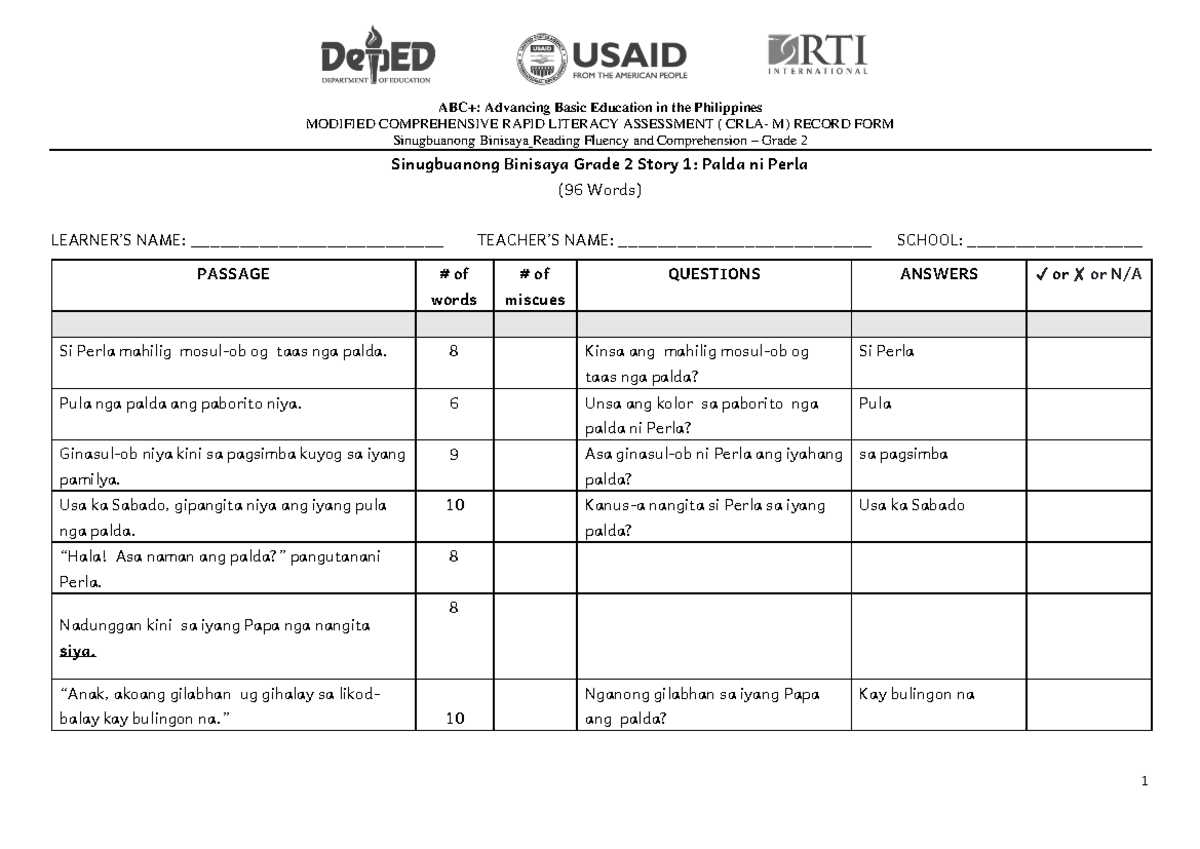 CRLA-M Modified Record Form for Sinugbuanong Binisaya Grade 2 - Studocu