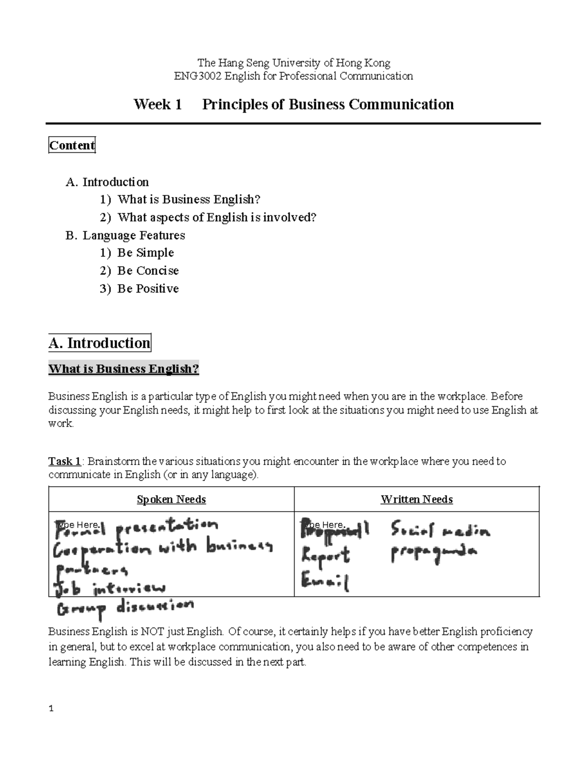 Week 1 Principles of Business Communication - The Hang Seng University ...