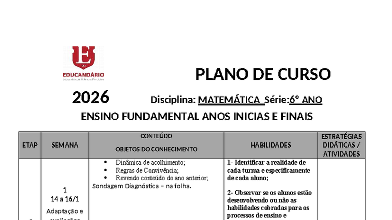 PC 2026: Plano de Curso de Matemática - 6º Ano Ensino Fundamental - Studocu