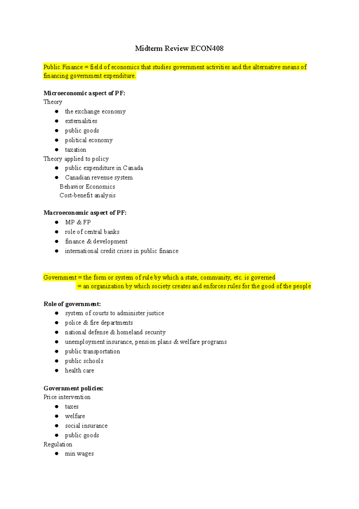 Midterm Review: Key Concepts in Public Finance for ECON 408 - Studocu