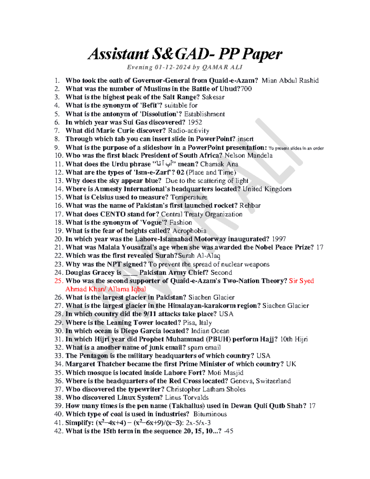 Assistant evening batch 1-12-2024 by Qamar Ali - Assistant S&GAD- PP ...