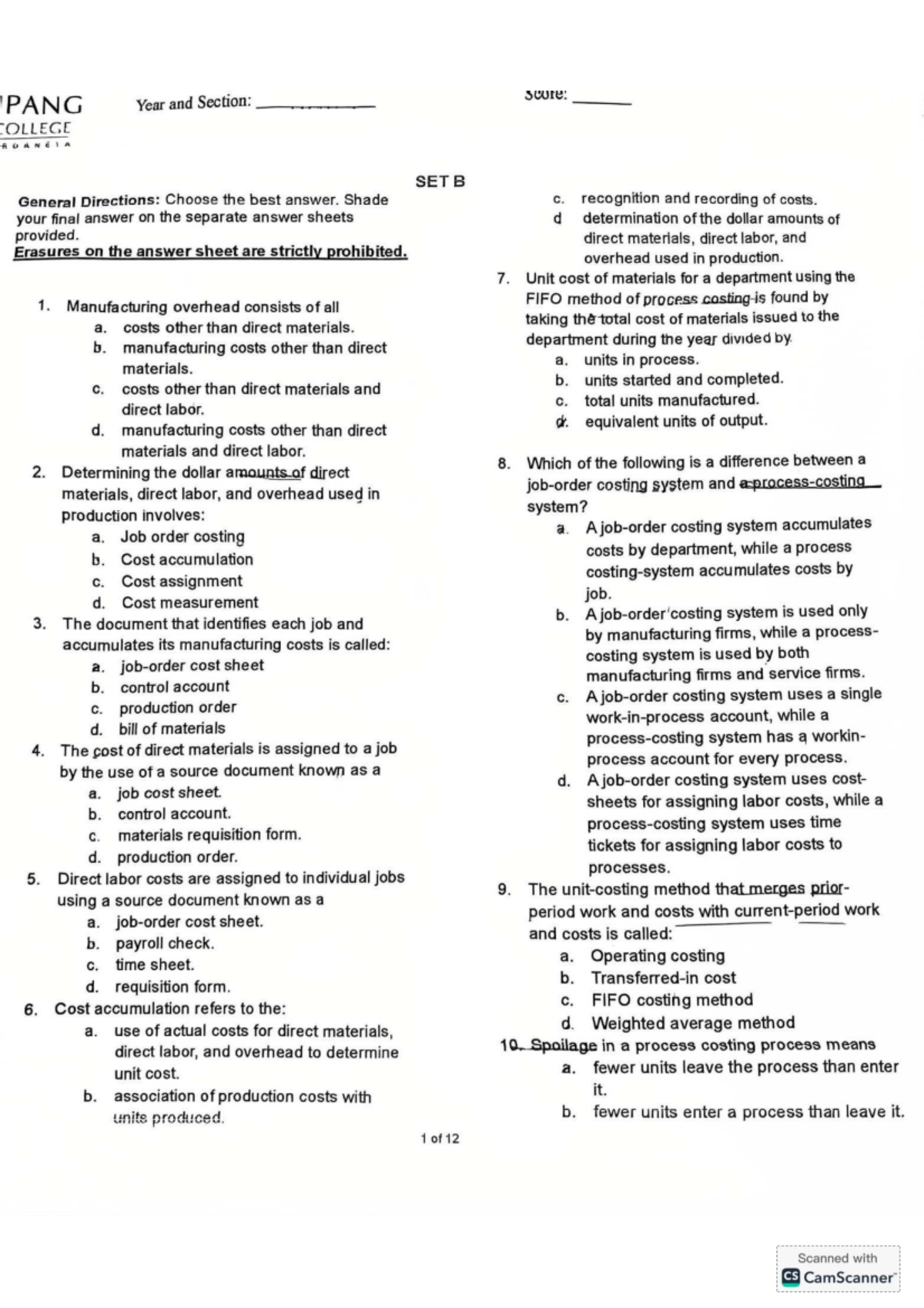 Cost Accounting Practice Materials: SET B Review Guide - Studocu