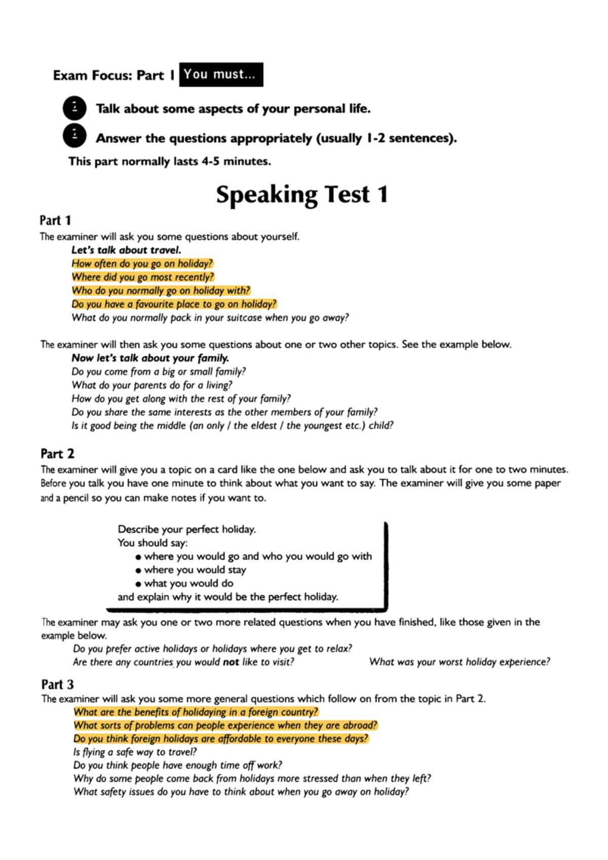 Speaking Test 1: Personal Life & Holiday Discussion - Studocu