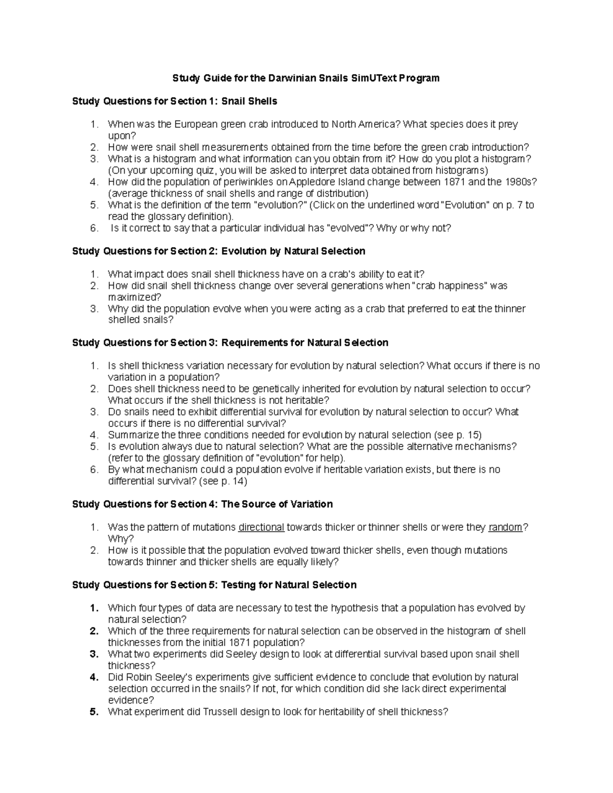 Study Guide: Darwinian Snails SimUText Program - Evolution & Natural ...
