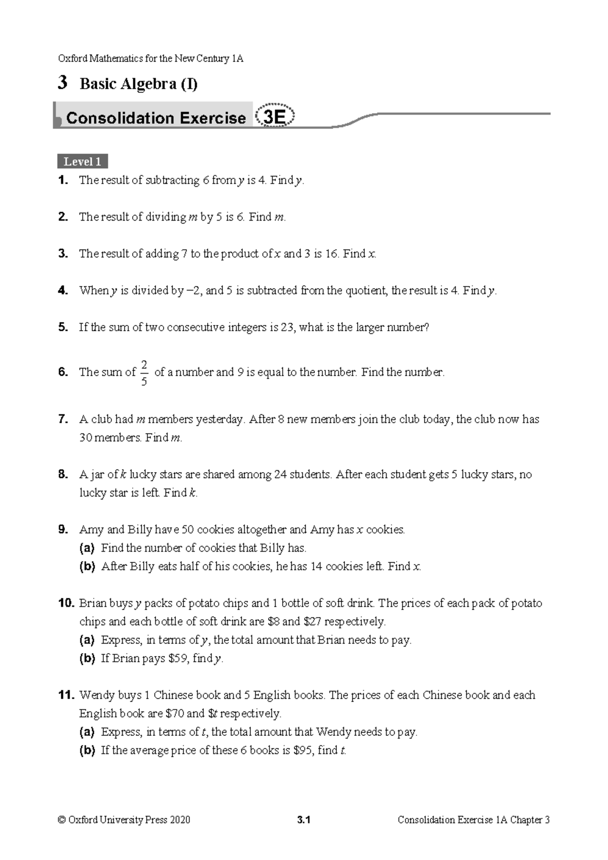 Oxford Mathematics for the New Century 1A: Chapter 3 Consolidation ...