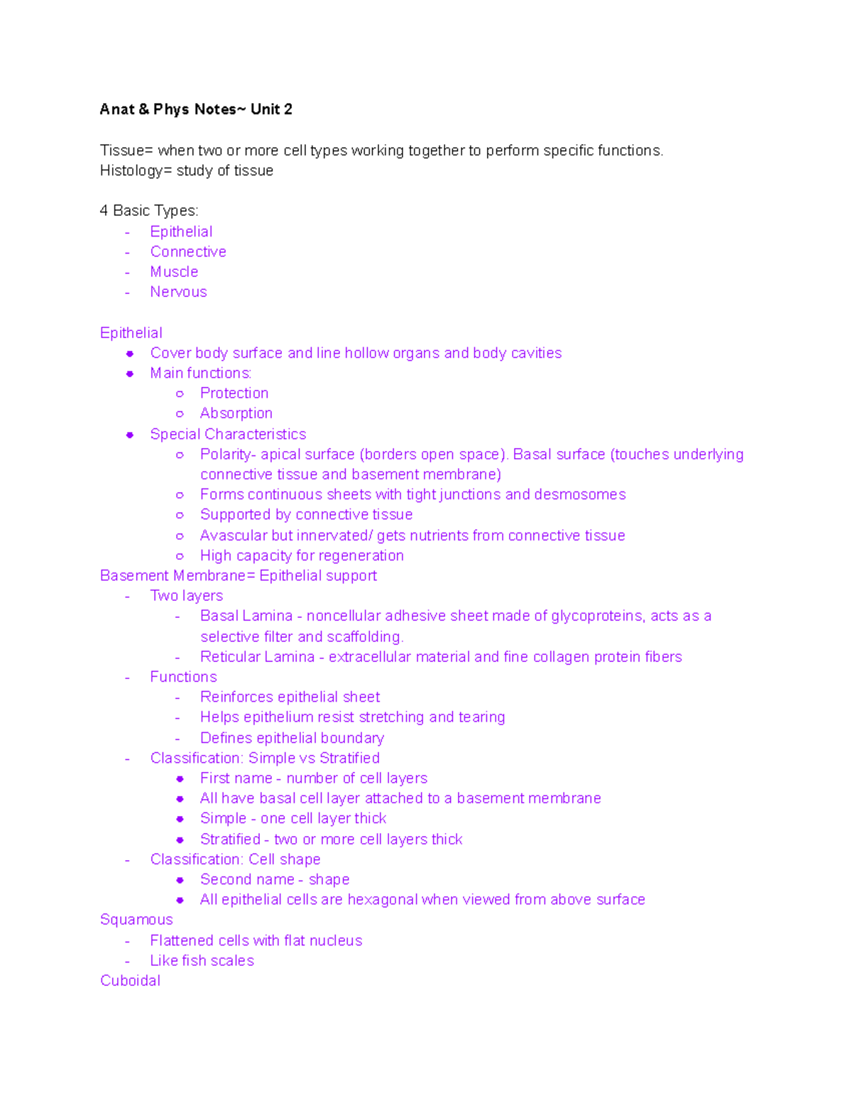 Anatomy & Physiology Notes: Unit 2 - Overview of Tissue Types - Studocu
