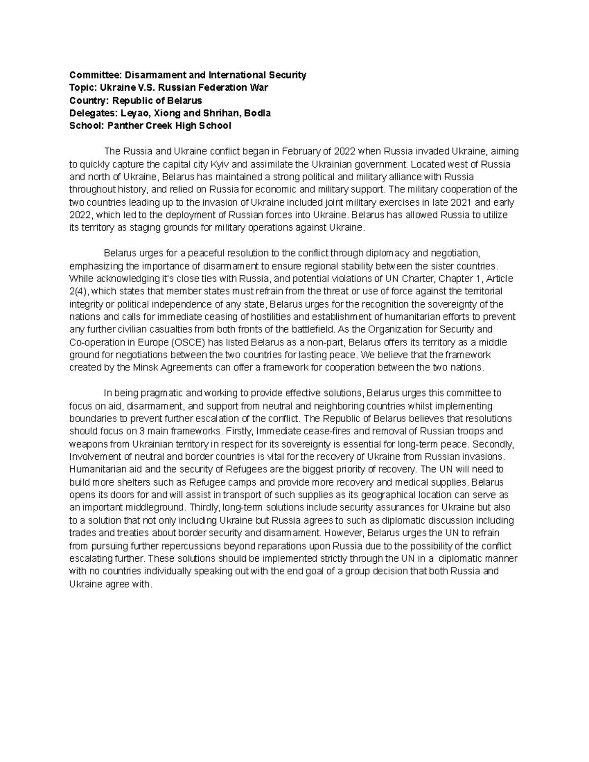 Belarus Oct. 2024 DISec Mock Debate Position Paper on Ukraine-Russia ...