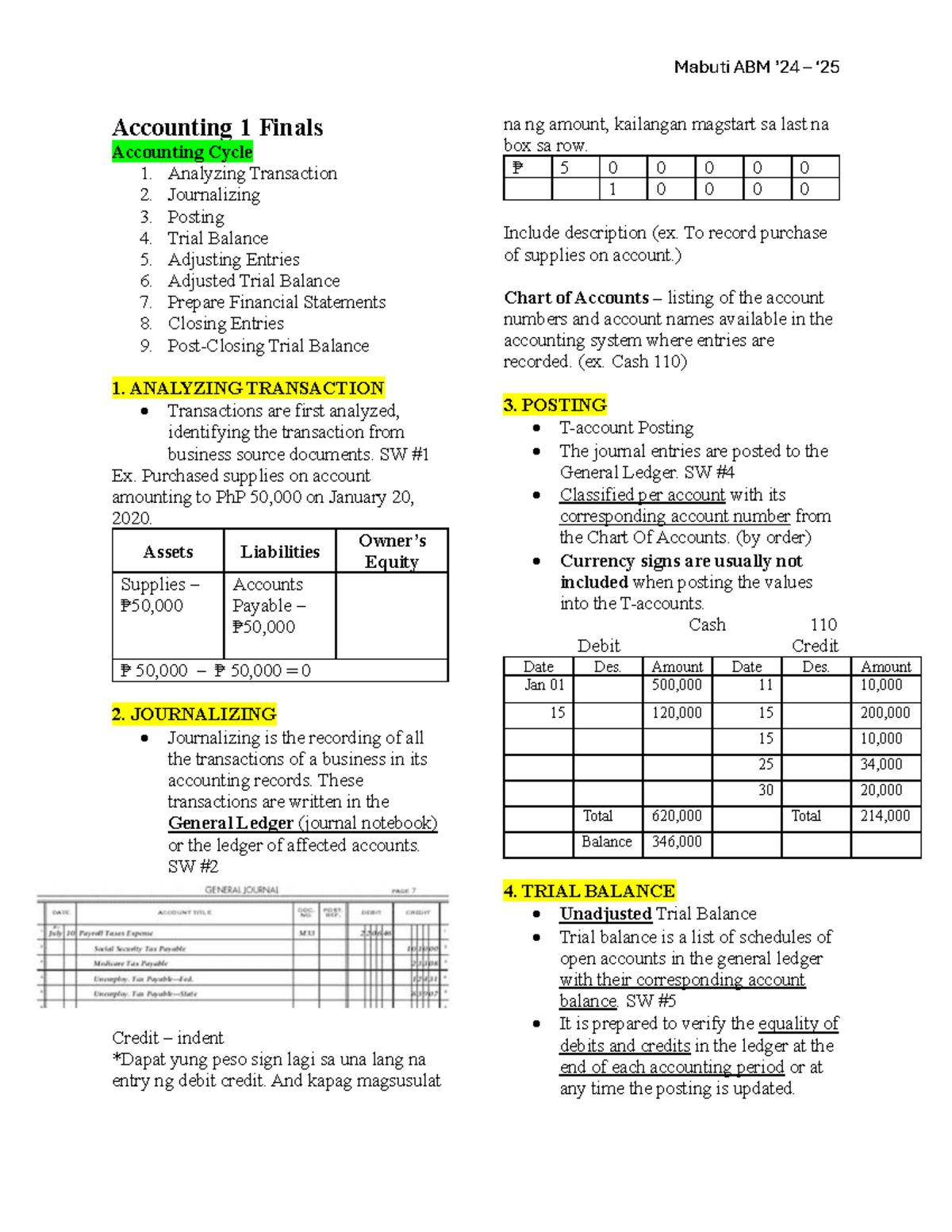 Mabuti ABM Accounting 1 Final Exam Review: Accounting Cycle Steps - Studocu