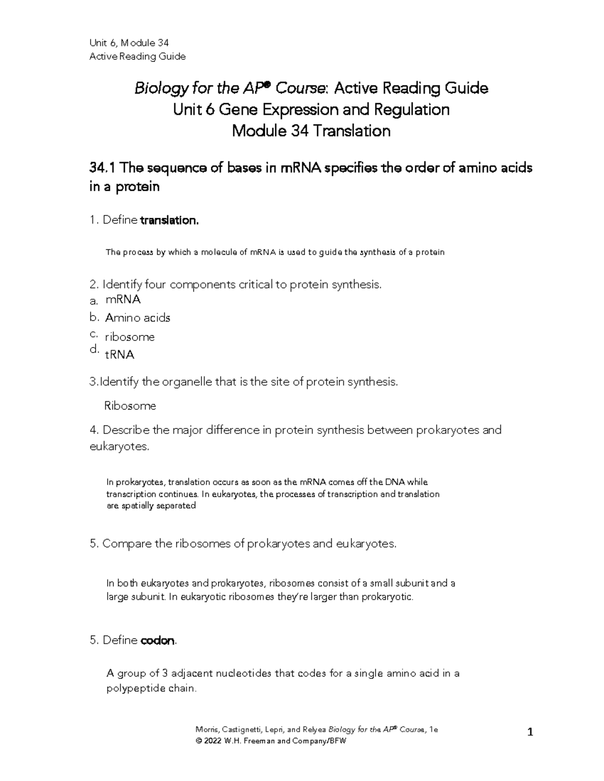 Unit 6, Module 34 Active Reading Guide: Gene Expression & Translation ...