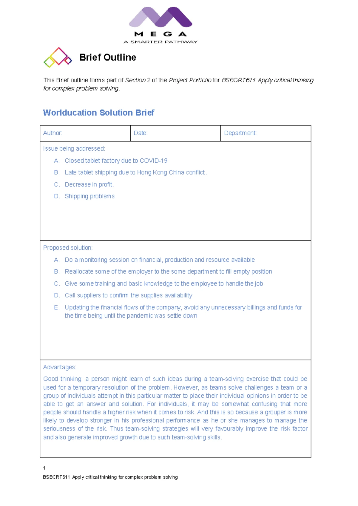 BSBCRT611 - Project Portfolio: Brief Solution Outline for Issues - Studocu