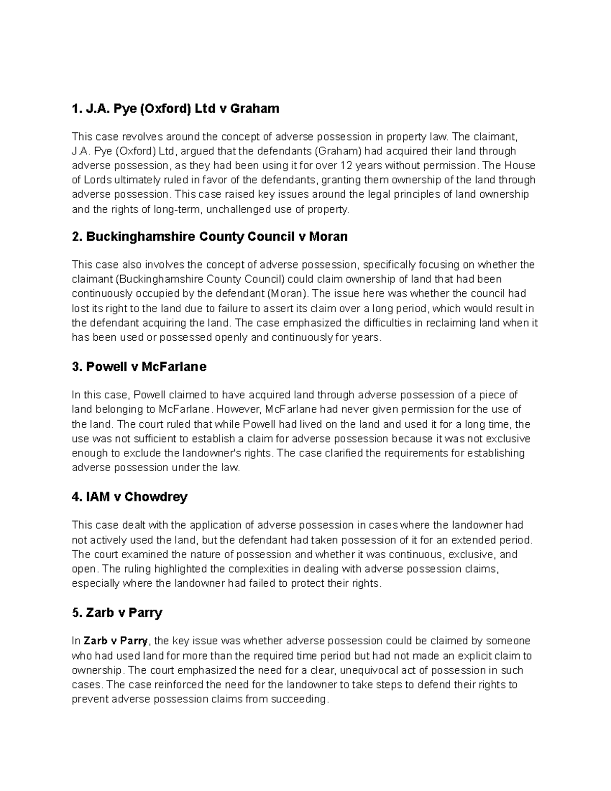 Adverse Possession Case Studies: Key Legal Principles and Rulings - Studocu