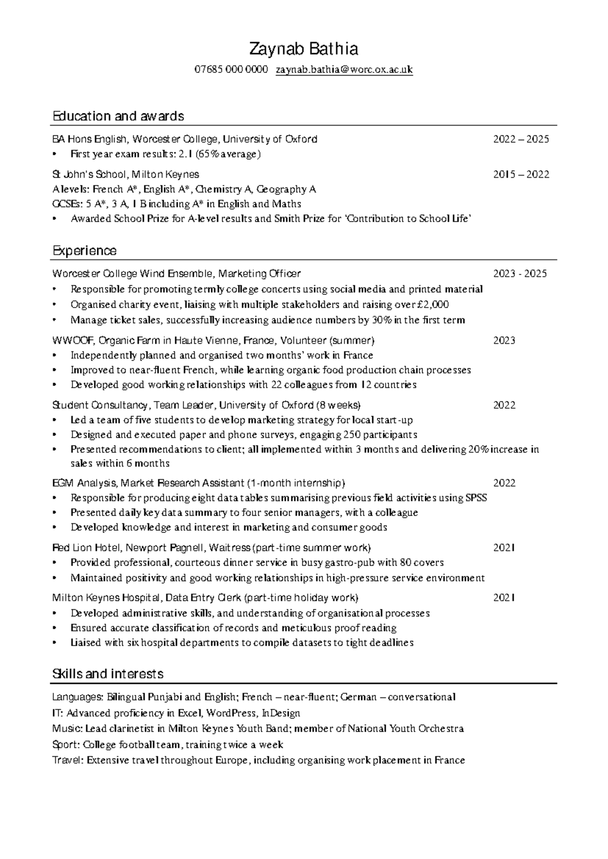 CV Example: Zaynab Bathia - BA Hons English, Worcester College - Studocu