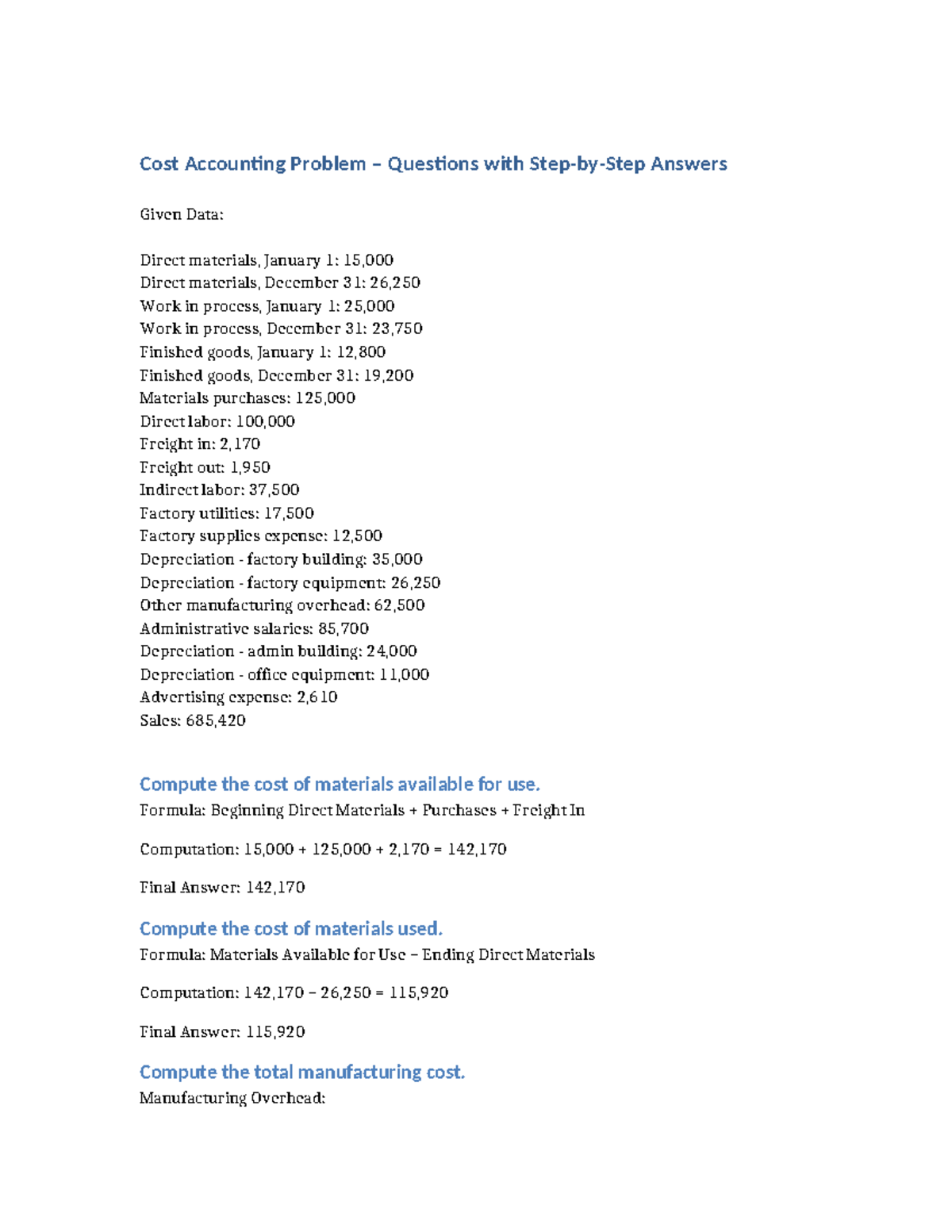 Cost Accounting (ACCT 101) Problem Questions & Solutions - Studocu
