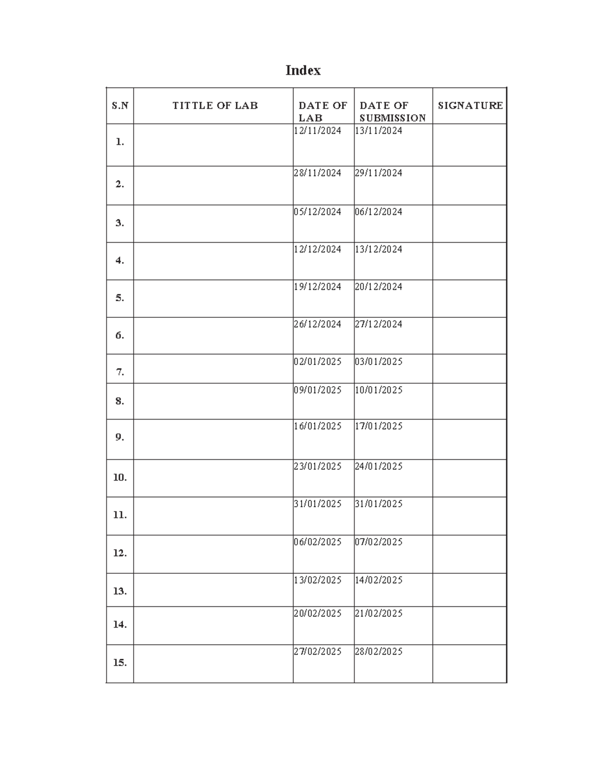 Index with dates - Programming - Index S TITTLE OF LAB DATE OF LAB DATE ...
