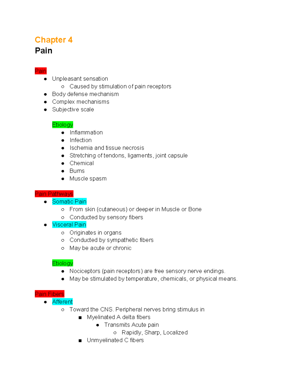 Ch 4 Patho Notes Pain - Chapter 4 Pain Pain Unpleasant sensation Caused ...