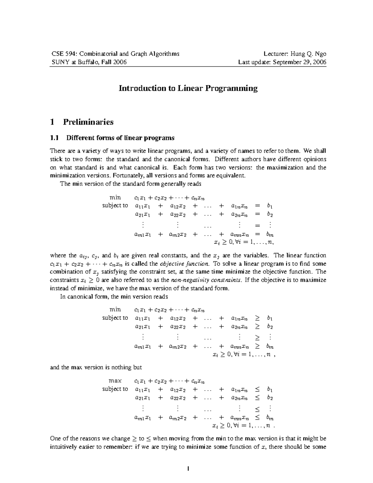 Lecture notes - Introduction to linear programming 1 - CSE 594 ...