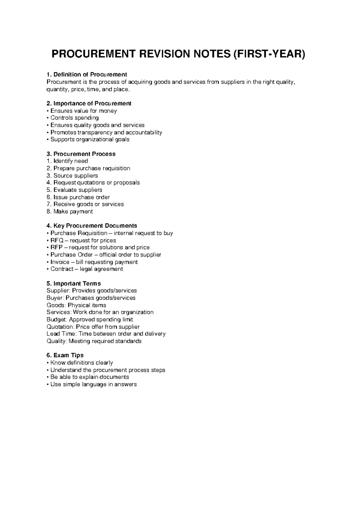 PROCUREMENT REVISION NOTES - FIRST YEAR OVERVIEW - Studocu