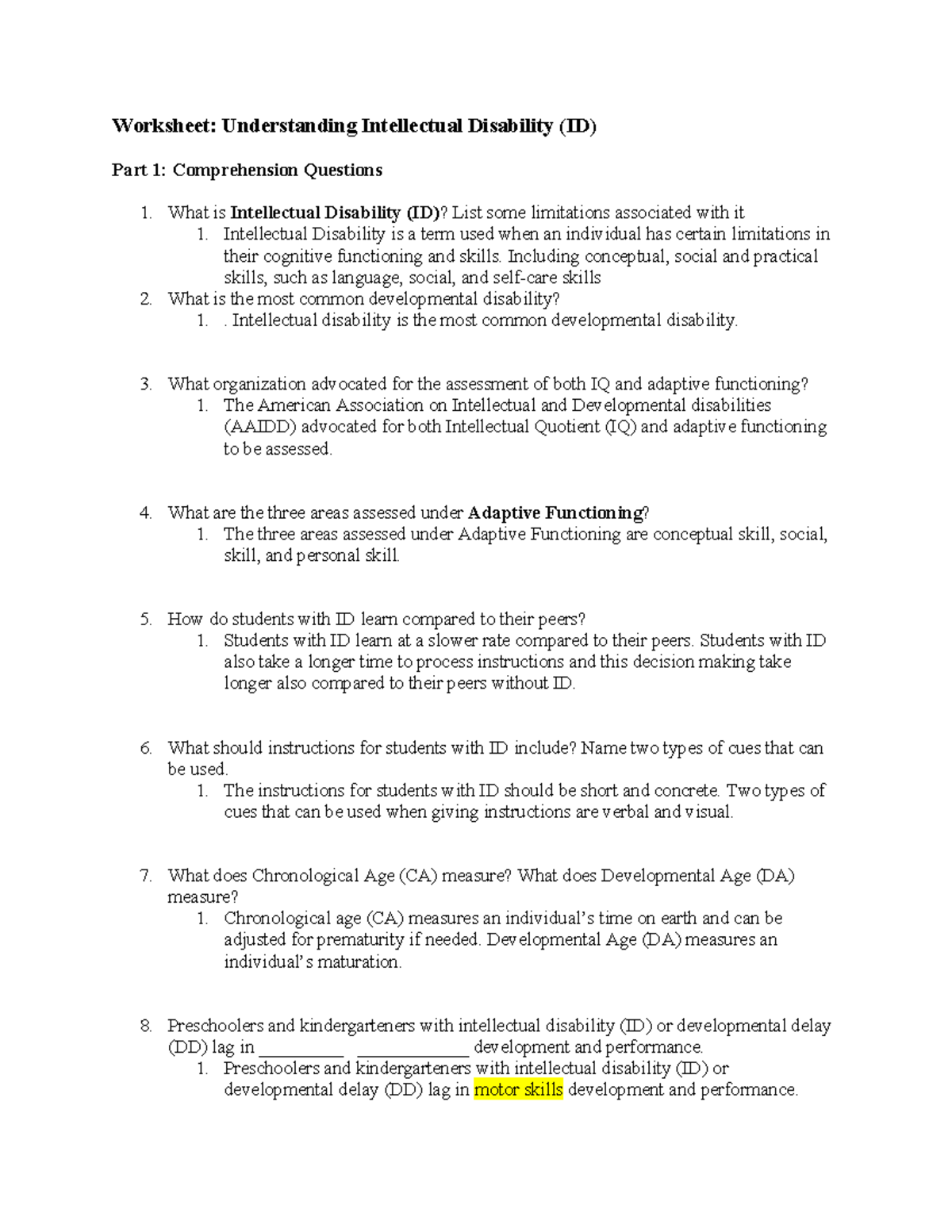 ID Worksheet: Understanding Intellectual Disabilities and Assessment ...