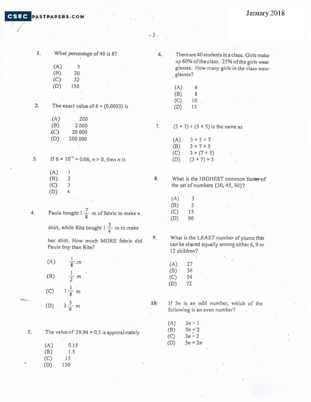 CSEC Jan 2018 P1 Past Paper Mathematics Questions and Solutions - Studocu