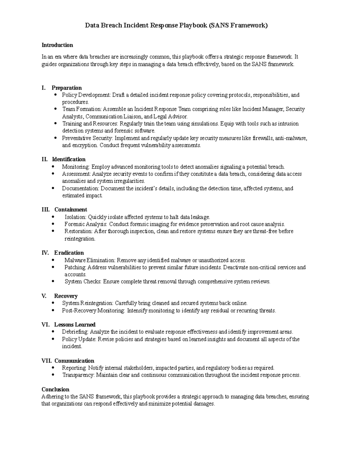 Data Breach Incident Response Playbook: SANS Framework Guide - Studocu