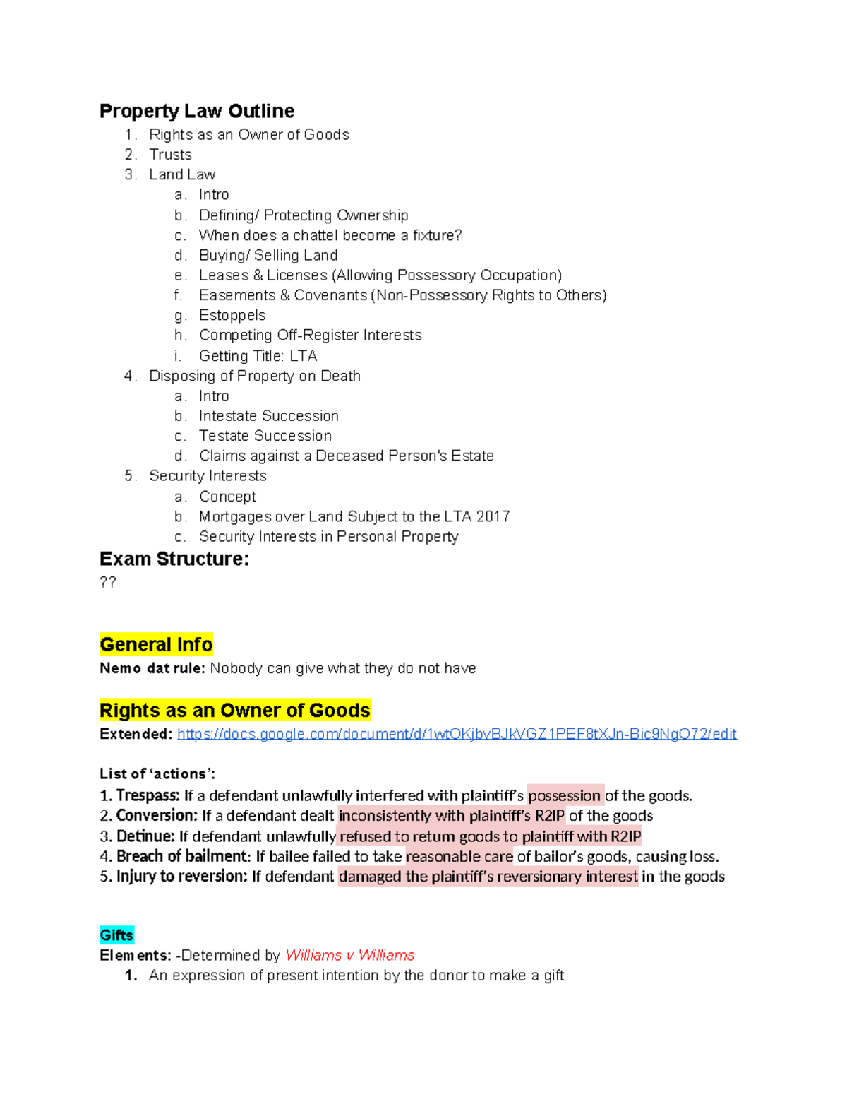 Property Law Outline: Key Concepts in Ownership, Trusts, and Land Law ...
