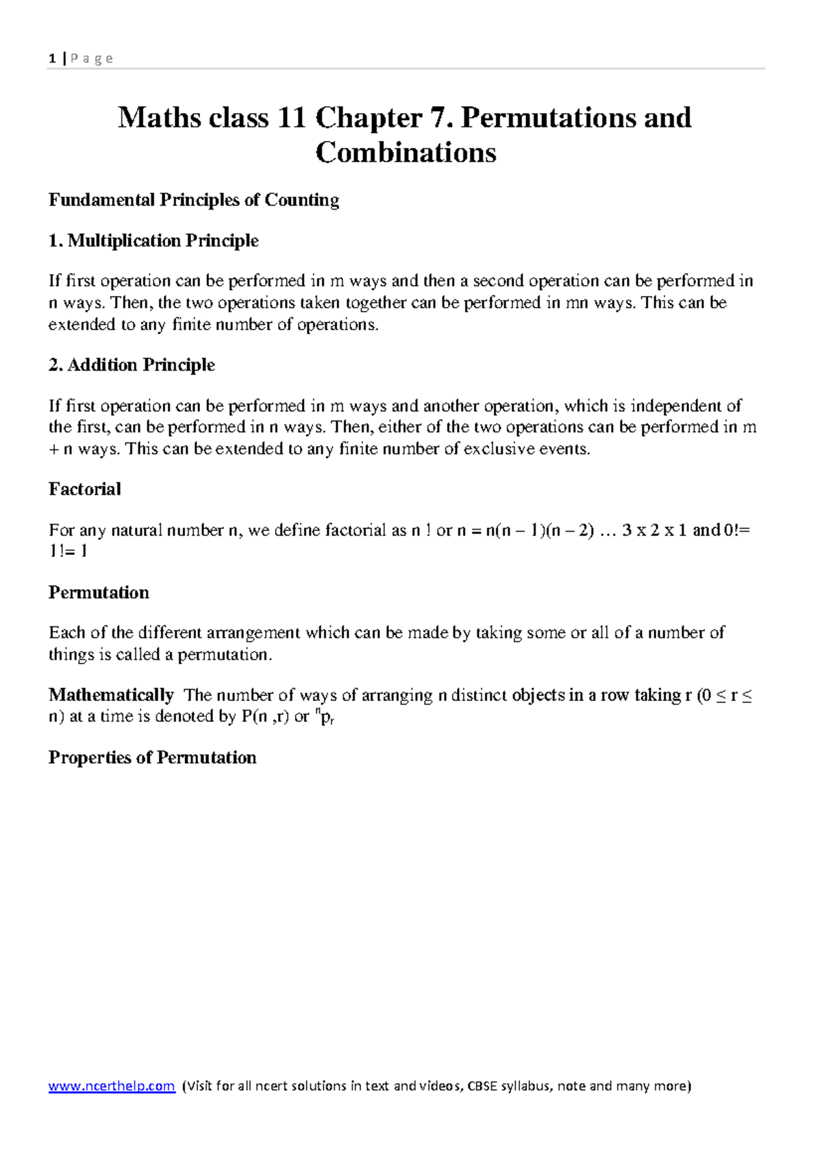 Permutations and Combinations Notes for Class 11 Maths - Chapter 7 ...